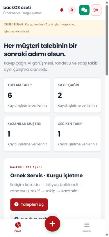 backOS mobil panel arayüzü, kurgu veriler